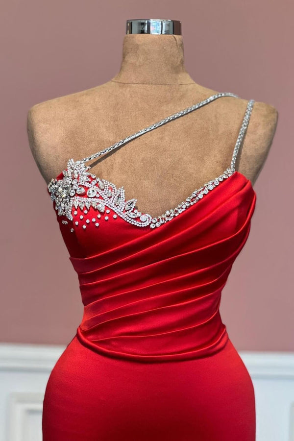 Red Prom Dress - One Shoulder Sleeveless Mermaid Style with Beads