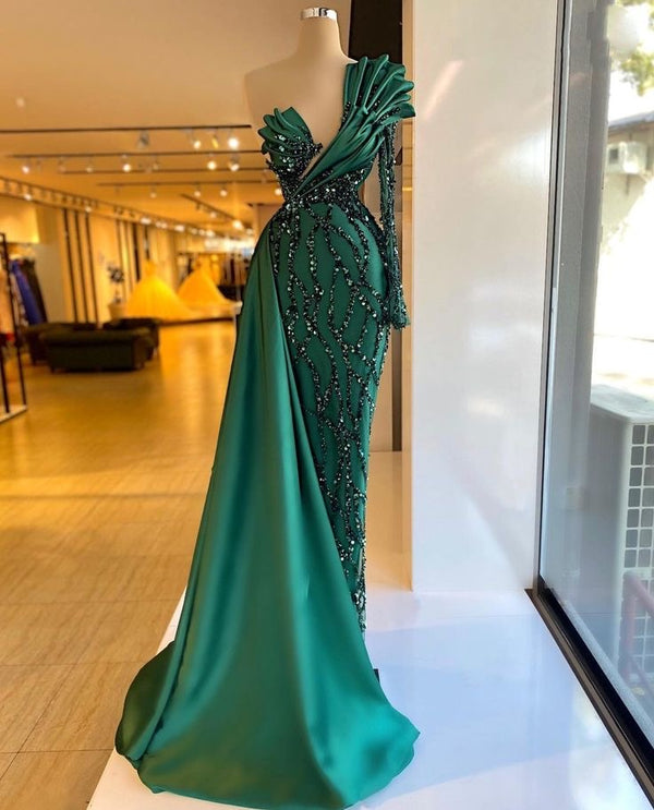 Dark Green Long Sleeve Mermaid Prom Dress: One Shoulder Beadings
