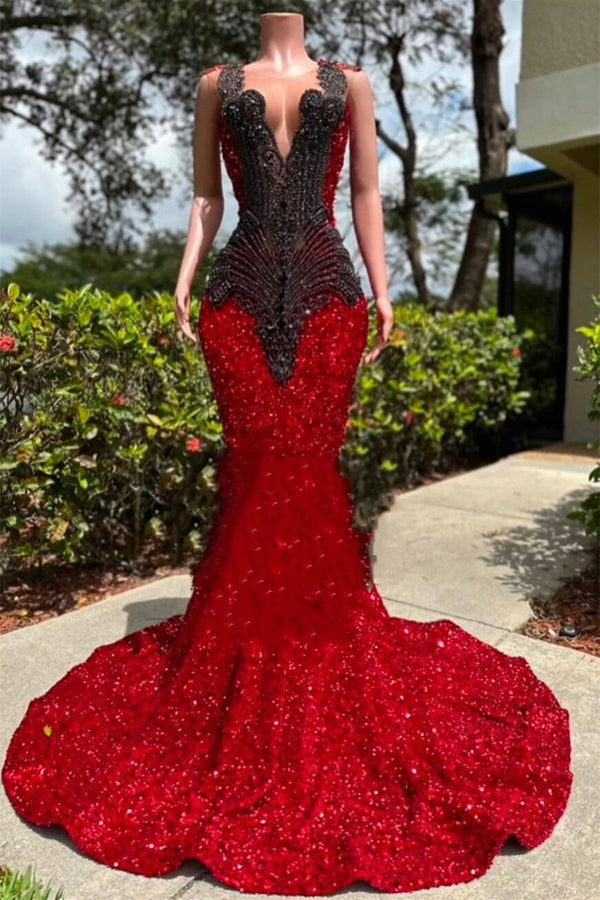 Red Sleeveless Mermaid Prom Dress with Scoop Neck Sequins and Beadings