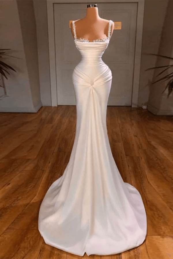 White Straps Sleeveless Mermaid Long Prom Dresses With Beads