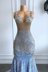 Baby Blue Mermaid Prom Dress with Sequined Sleeveless Design and Crystal Embellishments
