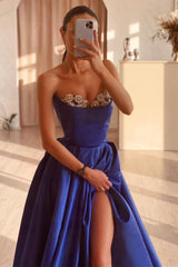 Royal blue sleeveless A-line evening prom dress with sweetheart neckline and split beads