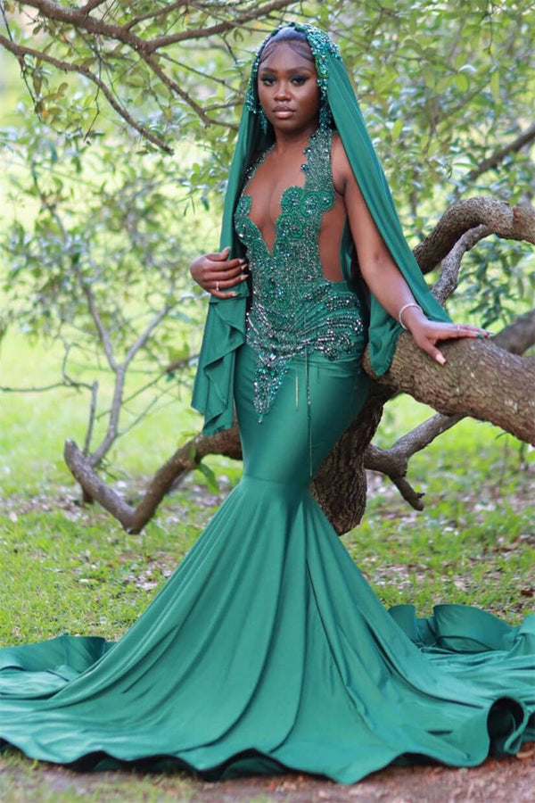 Sleeveless Dark Green Halter Mermaid Prom Dress With Beadings