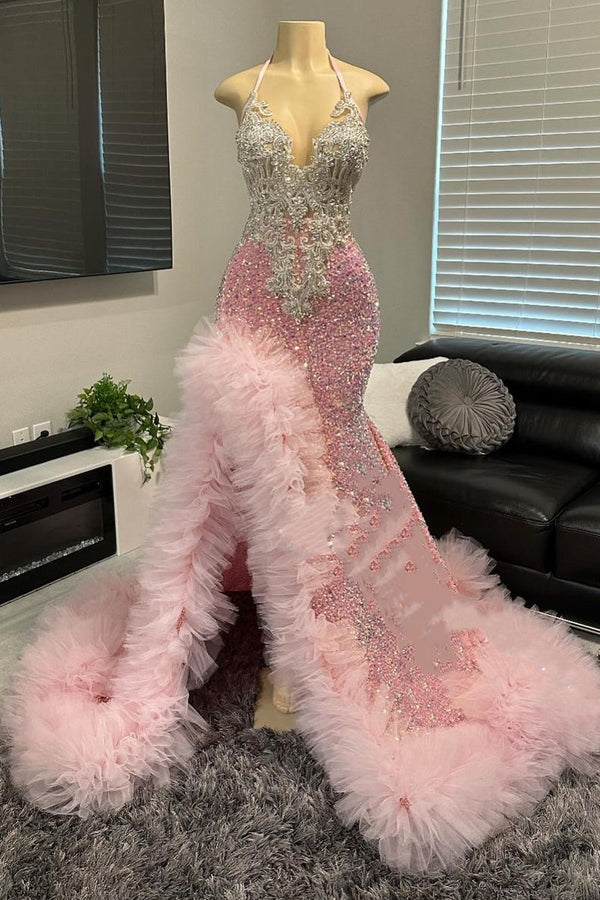 Pink Halter Tulle Ruffles High Split Prom Dresses