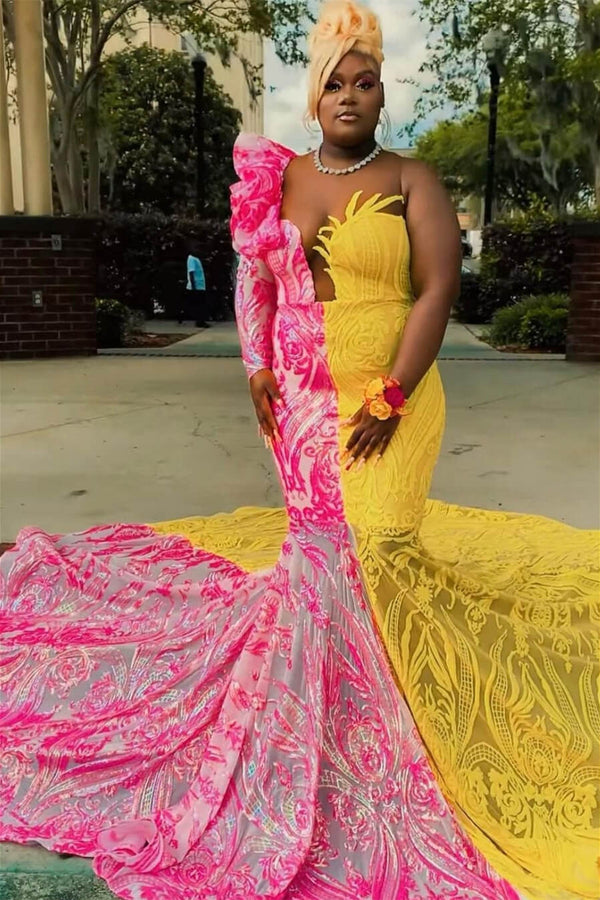 Sequin Pink and Yellow Long Sleeve Mermaid Prom Dresses