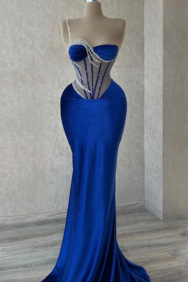 Royal Blue Prom Dresses with Beads One Shoulder Sleeveless Mermaid