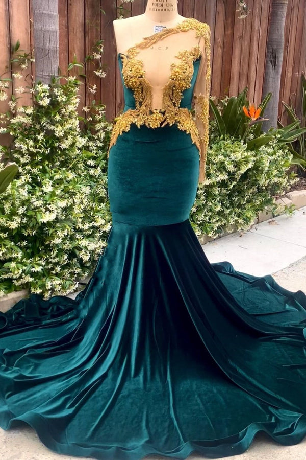 Dark Green Velvet One shoulder Mermaid Prom Dresses with Gold Appliques