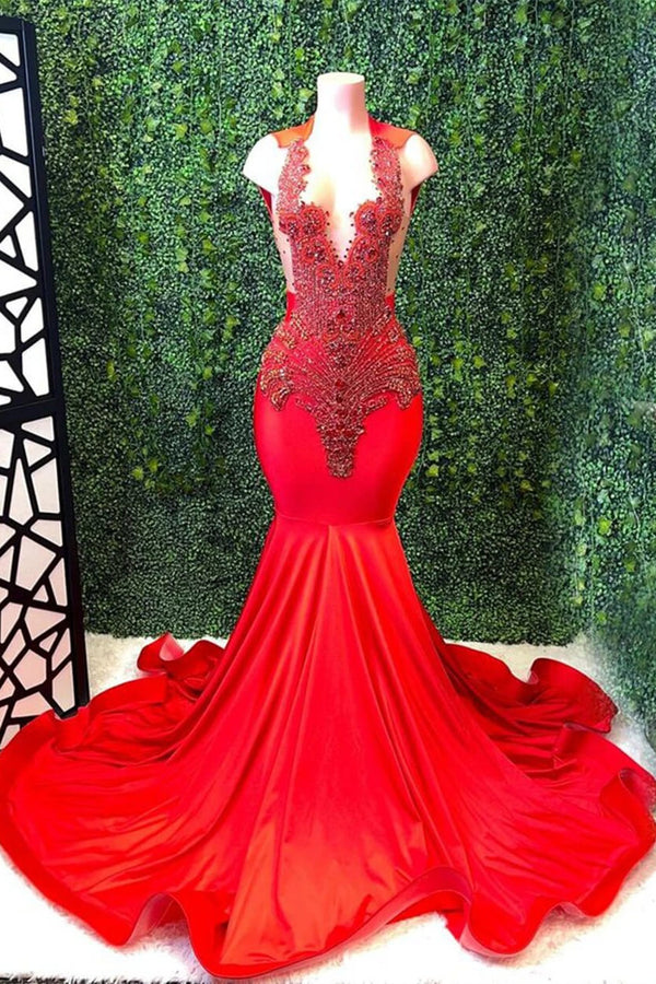 Red Sleeveless V-Neck Mermaid Prom Dresses with Beadings