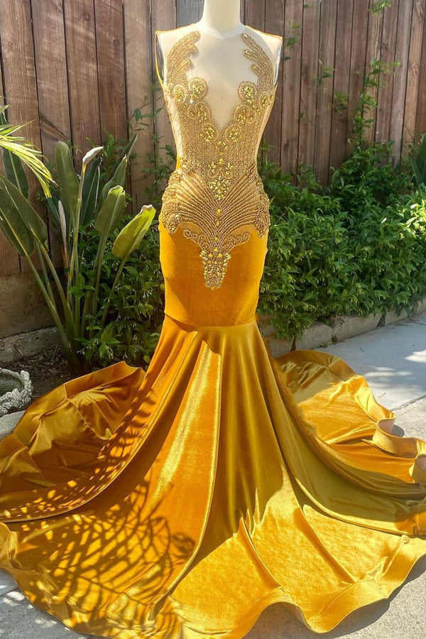 V-neck Gold Velvet Sleeveless Mermaid Long Court Train Prom Dresses