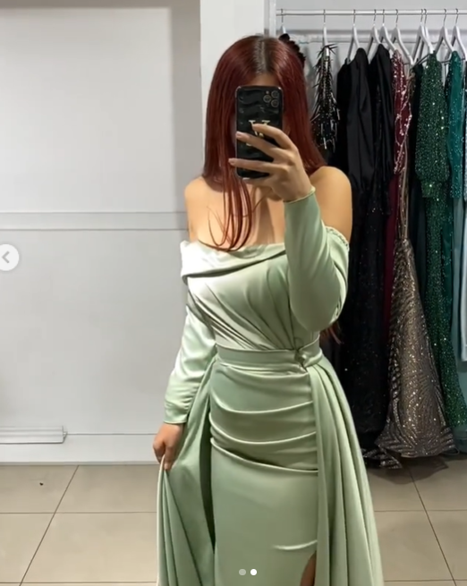 Sage Prom Dress: Off-the-Shoulder with Mermaid Silhouette Long Sleeves and Slit