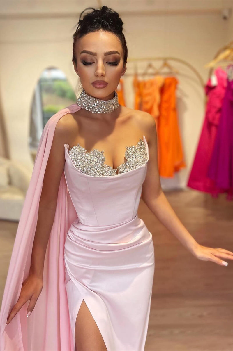 Pink Sleeveless Crystal High Neck Mermaid Evening Prom Dresses With Split Ruffles
