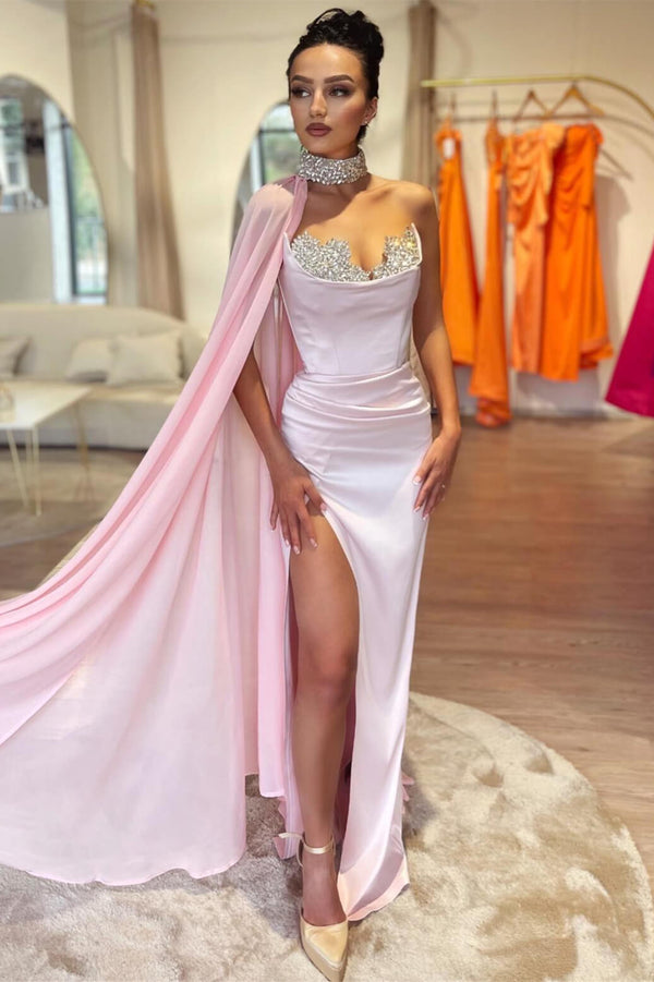 Pink Sleeveless Crystal High Neck Mermaid Evening Prom Dresses With Split Ruffles