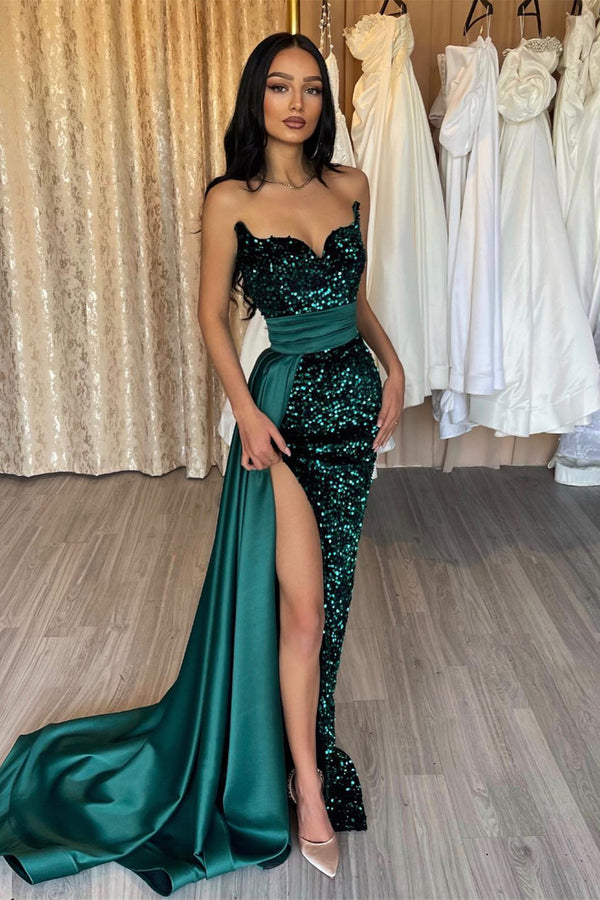 Emerald Green Sweetheart Prom Dress with Sequins Mermaid Style and Slit