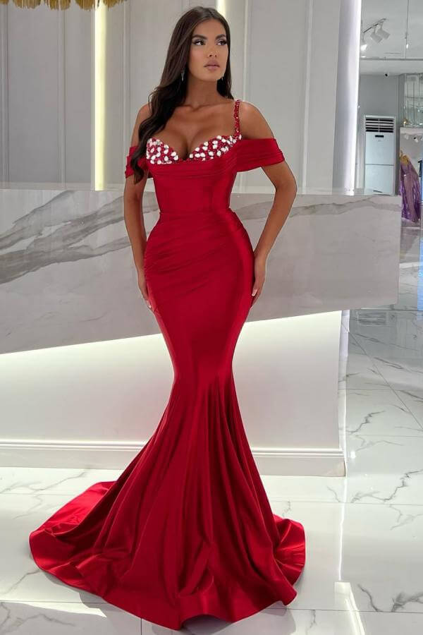 Red Spaghetti-Straps Off-the-shoulder Mermaid Evening Prom Dresses with Beads