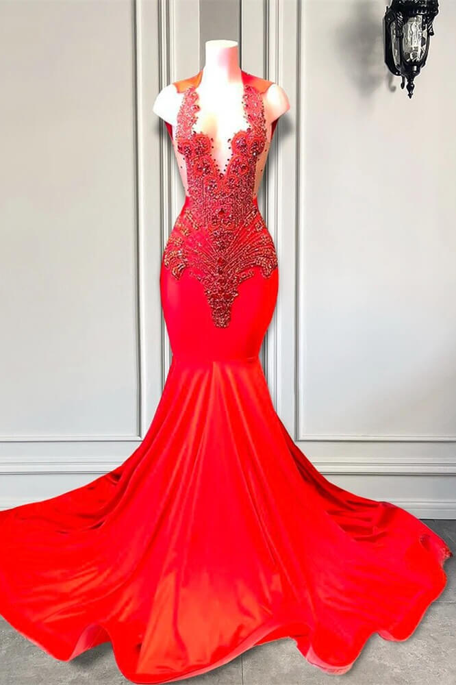 Red Sleeveless V-Neck Mermaid Prom Dresses with Beadings