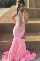 Pink Deep V Neck Sleeveless Mermaid Prom Dresses With Beadings