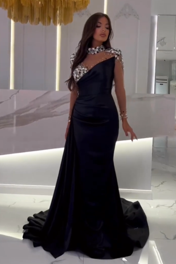 Black Prom Dress with Long Sleeves High Neck Mermaid Silhouette and Crystal Bead Embellishments