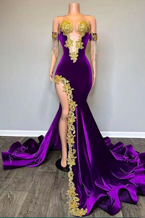 Off the shoulder V-neck Gold Appliques Mermaid Velvert Prom Dresses