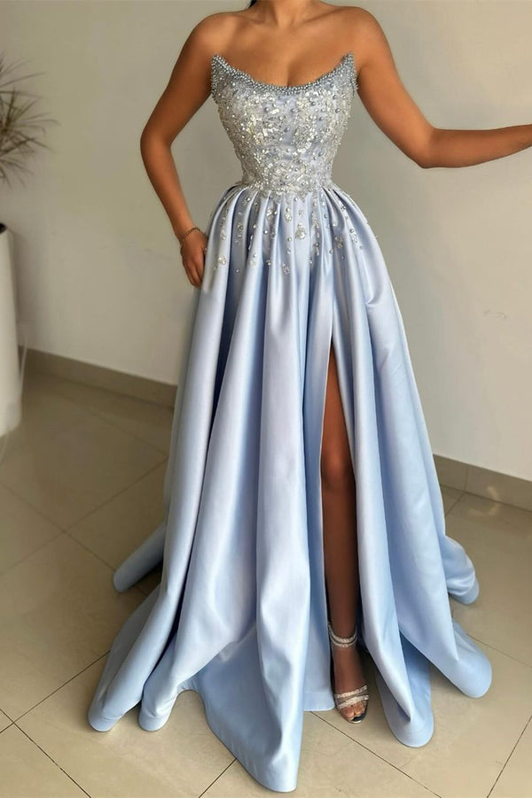 Baby Blue Strapless Prom Dress with Slit and Pearls Appliques