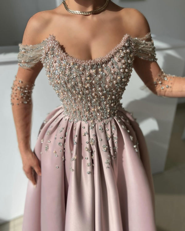 Off-the-Shoulder Prom Dress in Dusty Pink A-Line Style with Slit and Pearls