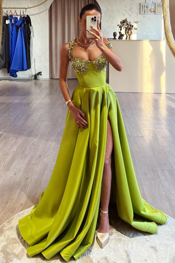 Olive Green Off-the-Shoulder Prom Dress with A-Line Cut Long Slit and Sequins