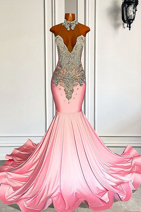 Sweetheart Silver Beaded Pink Mermaid Satin Prom Dresses