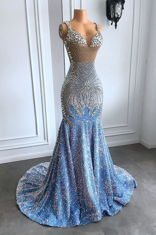 Baby Blue Mermaid Prom Dress with Sequined Sleeveless Design and Crystal Embellishments