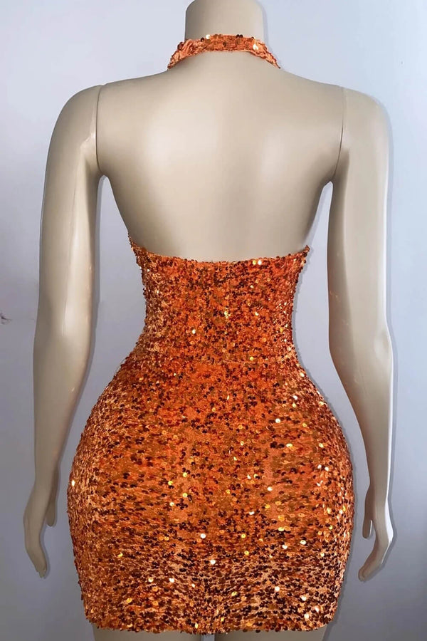 Halter Sleeveless Short Prom Dresses With Sequins in Dusty Orange
