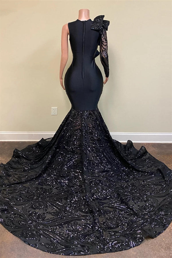 Sequined Black Scoop Neck Long Sleeve Mermaid Prom Dresses
