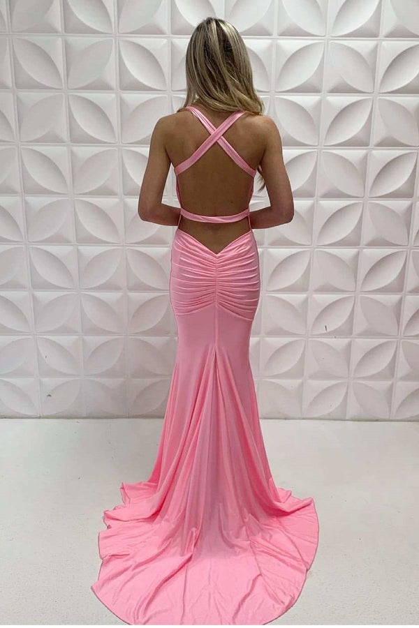 Long Pink V-Neck Sleeveless Mermaid Prom Dress