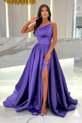 Long Purple Sleeveless A-Line Evening Prom Dresses With Split