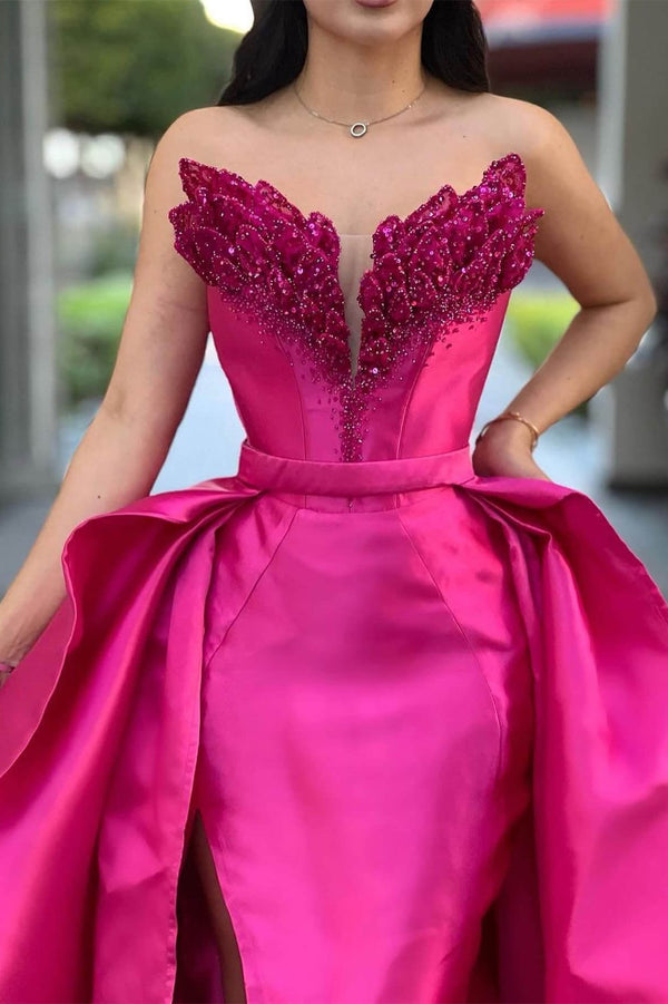 Fuchsia Long Overskirt Slit Sweetheart Prom Dress with Beadings