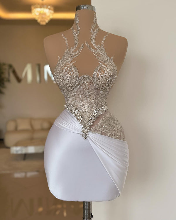 White Sheath Prom Dress with Appliques and Beads