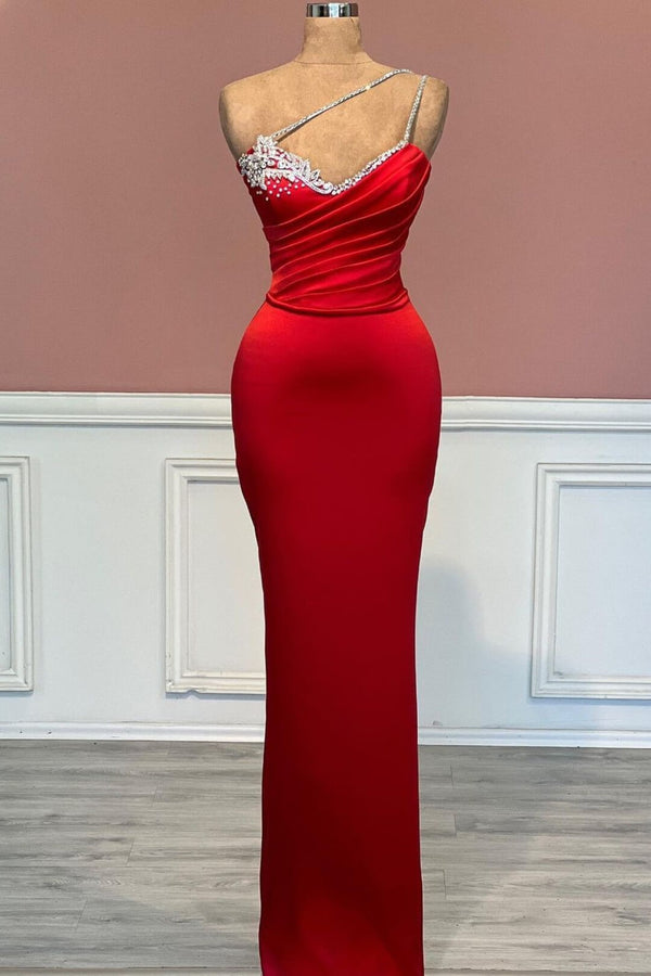 Red Prom Dress - One Shoulder Sleeveless Mermaid Style with Beads