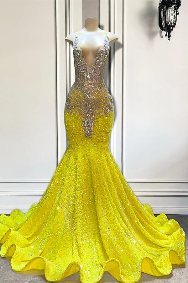 Yellow V-Neck Sleeveless Mermaid Prom Dresses Featuring Beadings and Sequins