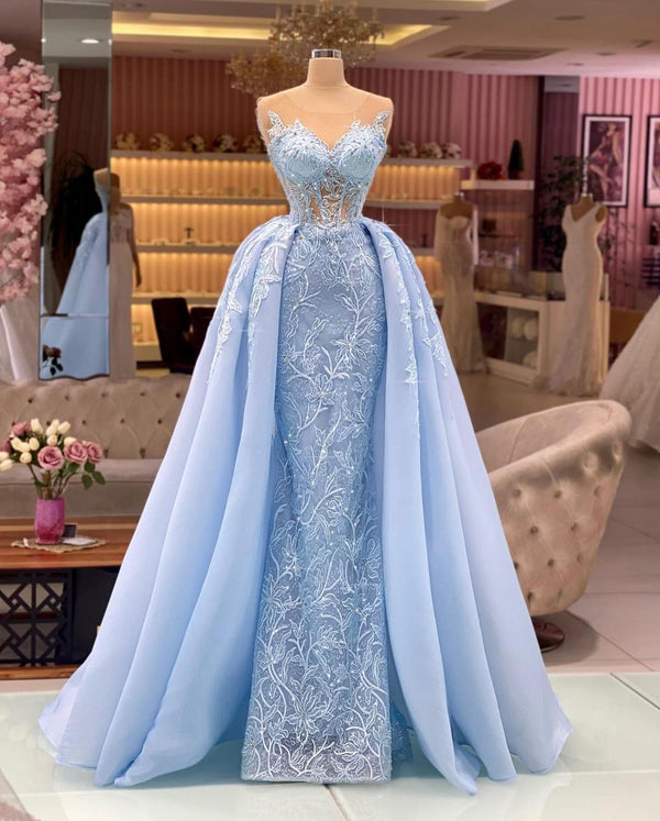 Prom Dress: Sky Blue Overskirt with Lace Appliques