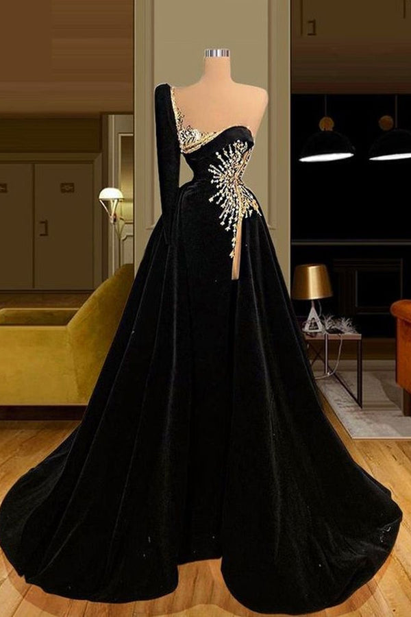 Black Long Sleeve Prom Dress with One Shoulder Overskirt High Split and Beadings