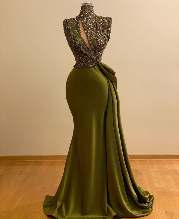 Green High Neck Prom Dress With Sequins