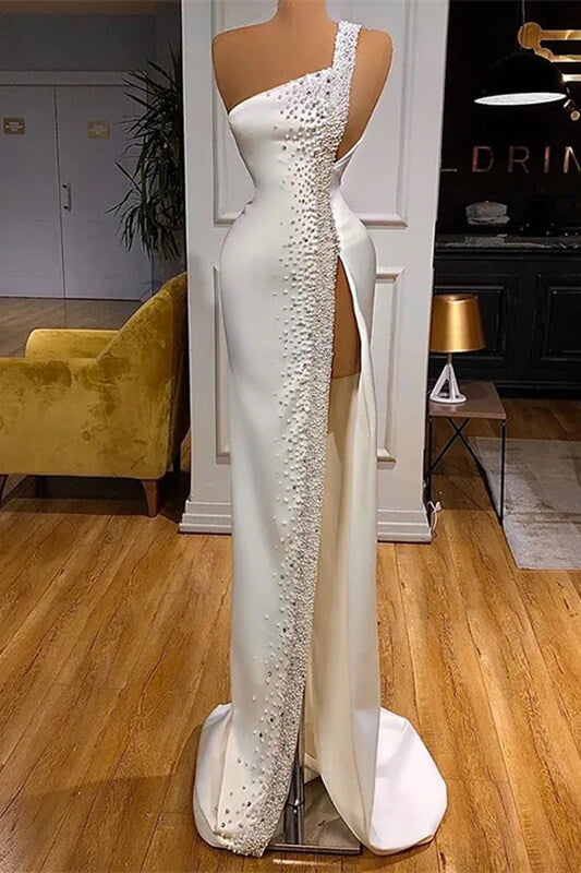 White Sleeveless Mermaid Prom Dress With High Split Beadings