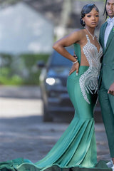 Dark Green Sleeveless Mermaid Prom Dress with Scoop Neck and Crystal Embellishments