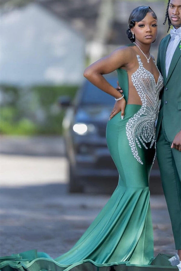 Dark Green Sleeveless Mermaid Prom Dress with Scoop Neck and Crystal Embellishments