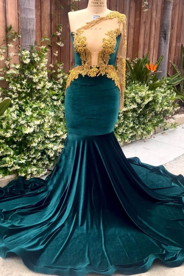 Dark Green Long Sleeve Mermaid Prom Dress with Velvet Appliques