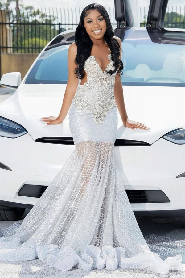 Beaded Silver Sleeveless V-Neck Mermaid Prom Dresses