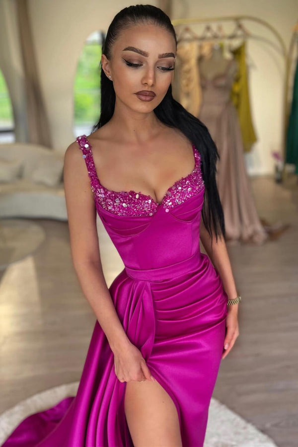 Purple Sleeveless Sweetheart Mermaid Evening Prom Dress with Sequins and Split Ruffles