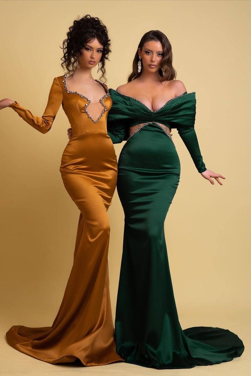 Dark Green Off-Shoulder Long Sleeve Mermaid Evening Prom Dresses with Beads