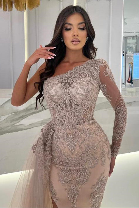 One Shoulder Long Sleeve Mermaid Evening Prom Dresses with Split Lace Appliques and Ruffles