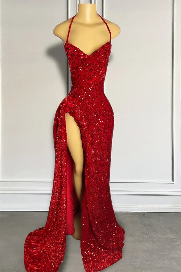 Sequin Red Halter Sleeveless Mermaid Prom Dresses with Lace-Up
