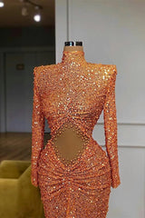 Orange High Neck Long Sleeves Mermaid Prom Dresses with Sequins Beads