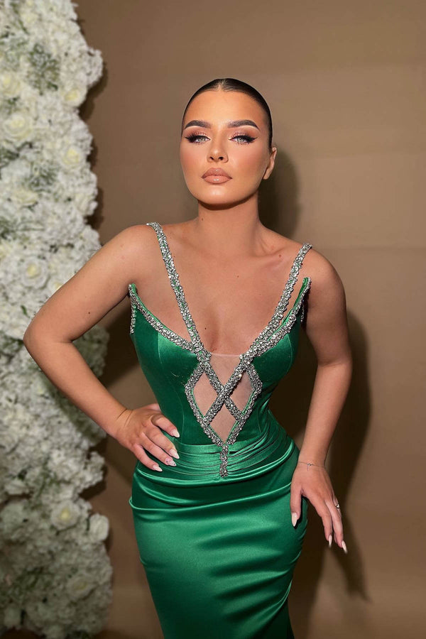 Emerald Green Sleeveless Mermaid Prom Dresses with Beadings - Sale