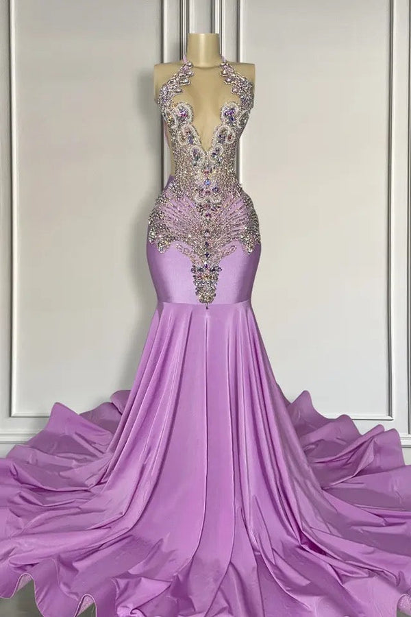 Long Lilac Sleeveless Halter Mermaid Prom Dress With Beadings